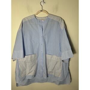 Johanna Paris White Blue Stripe Half Sleeve Botton Blend Shirt Sz M